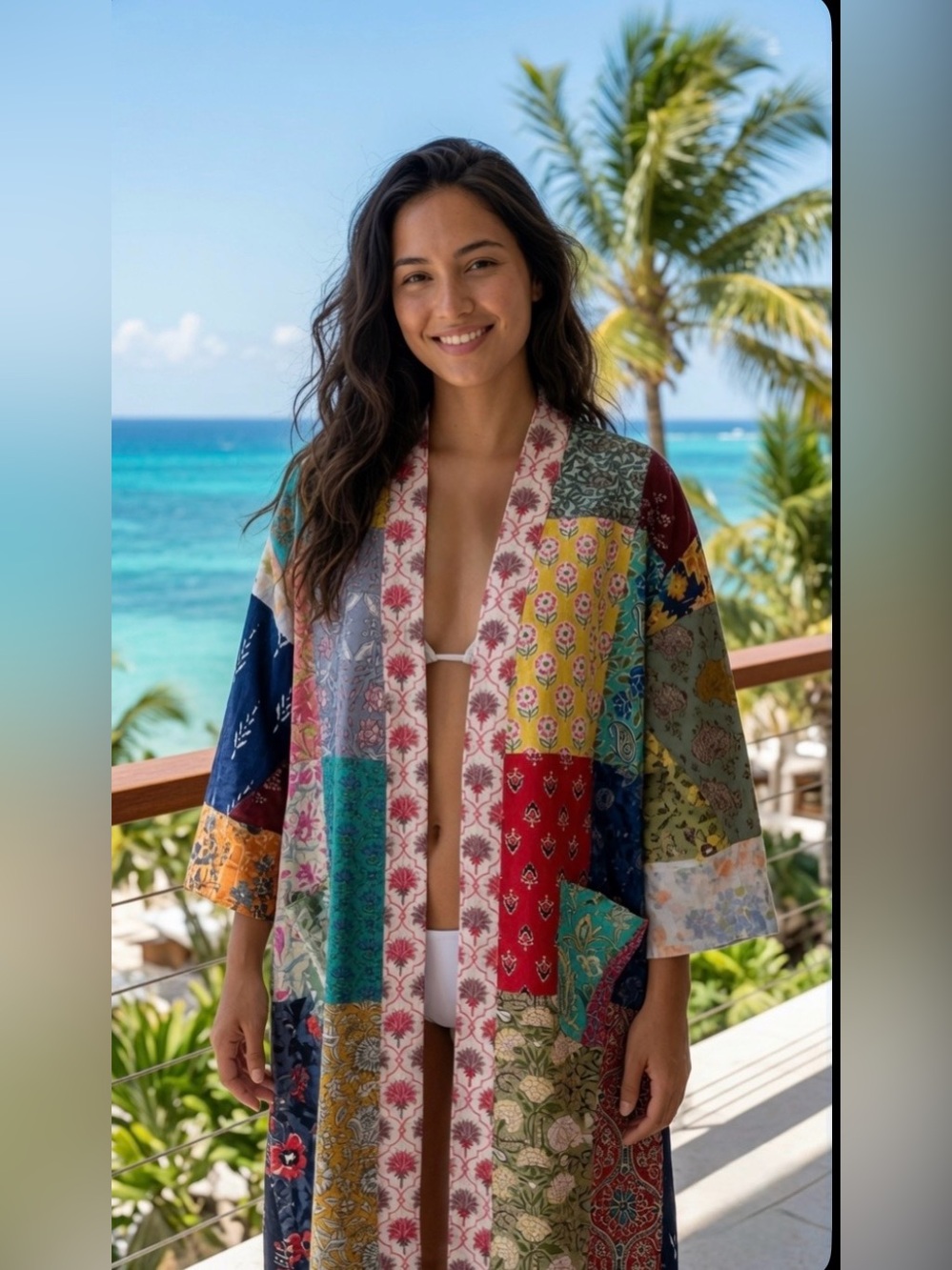 Art Studio Company Boho Sari 100% Cotton Patchwork Open-Front Kimono / One Size
